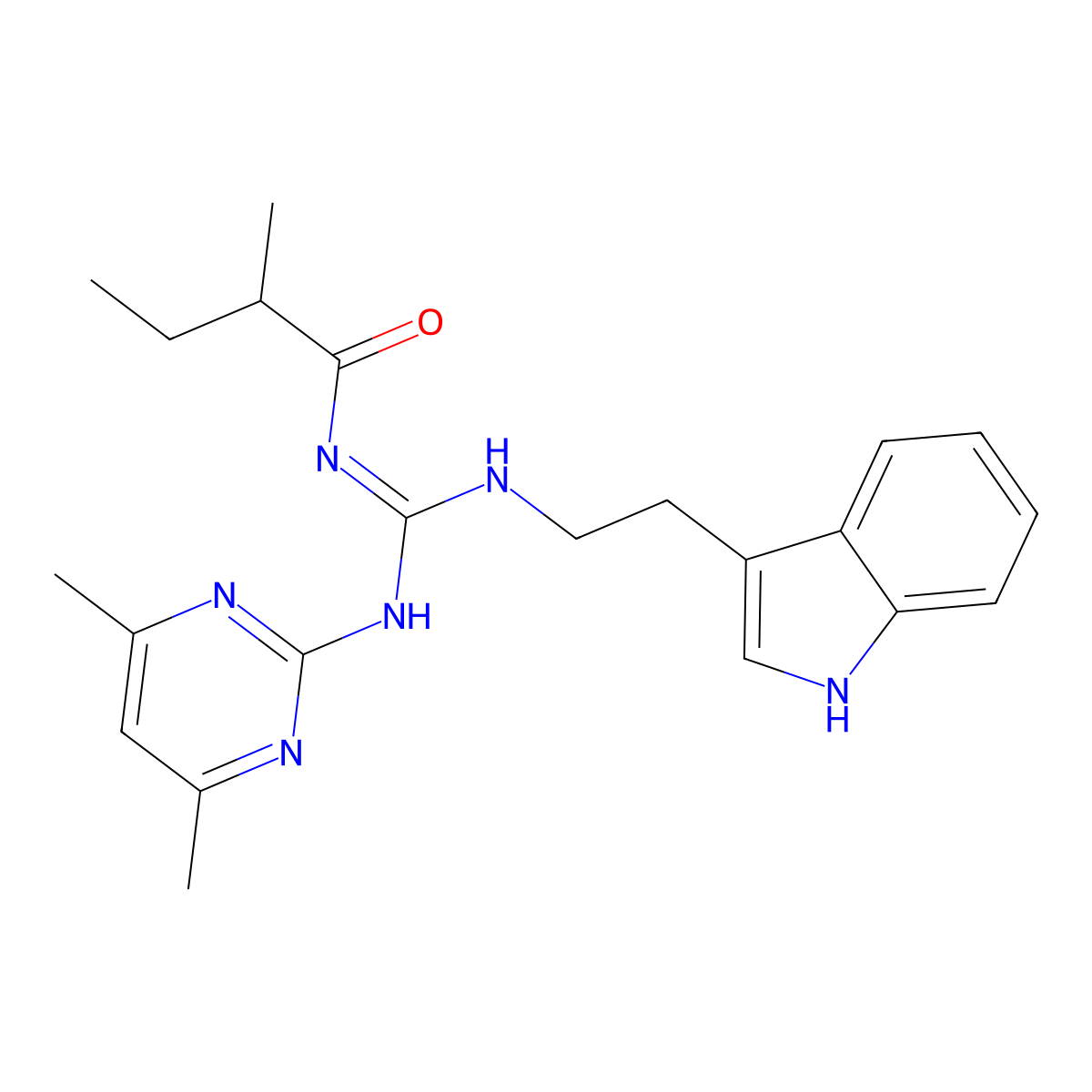 N-[(E)-[(4,6-dimethylpyrimidin-2-yl)amino]{[2-(1H-indol-3-yl)ethyl]amino}methylidene]-2-methylbutanamide molecular structure, CAS 827008-03-7