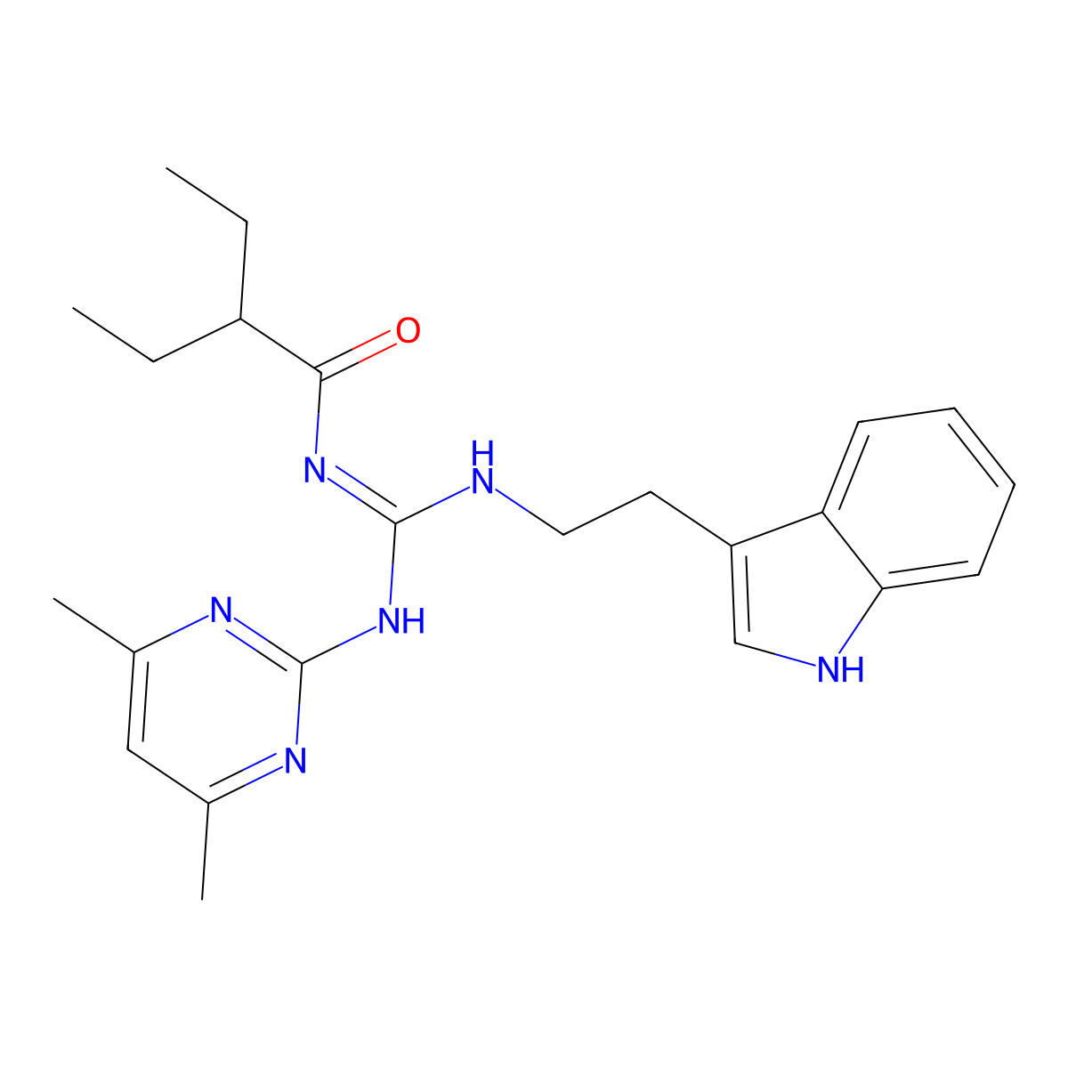 N-[(E)-[(4,6-dimethylpyrimidin-2-yl)amino]{[2-(1H-indol-3-yl)ethyl]amino}methylidene]-2-ethylbutanamide molecular structure, CAS 827008-09-3