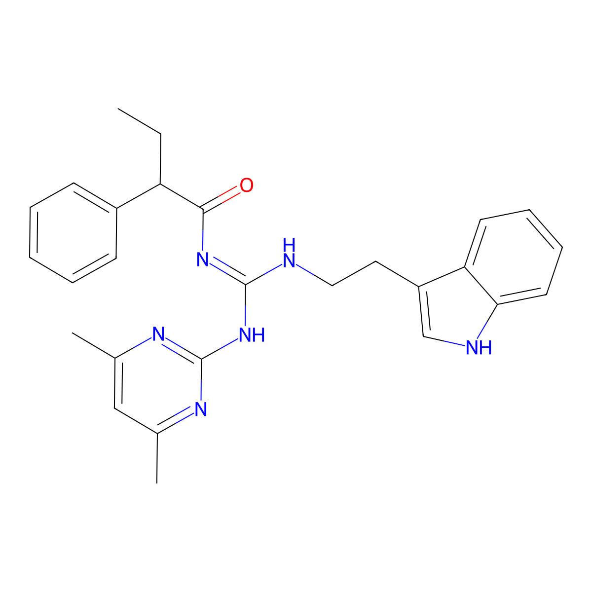 N-[(E)-[(4,6-dimethylpyrimidin-2-yl)amino]{[2-(1H-indol-3-yl)ethyl]amino}methylidene]-2-phenylbutanamide molecular structure, CAS 827008-21-9