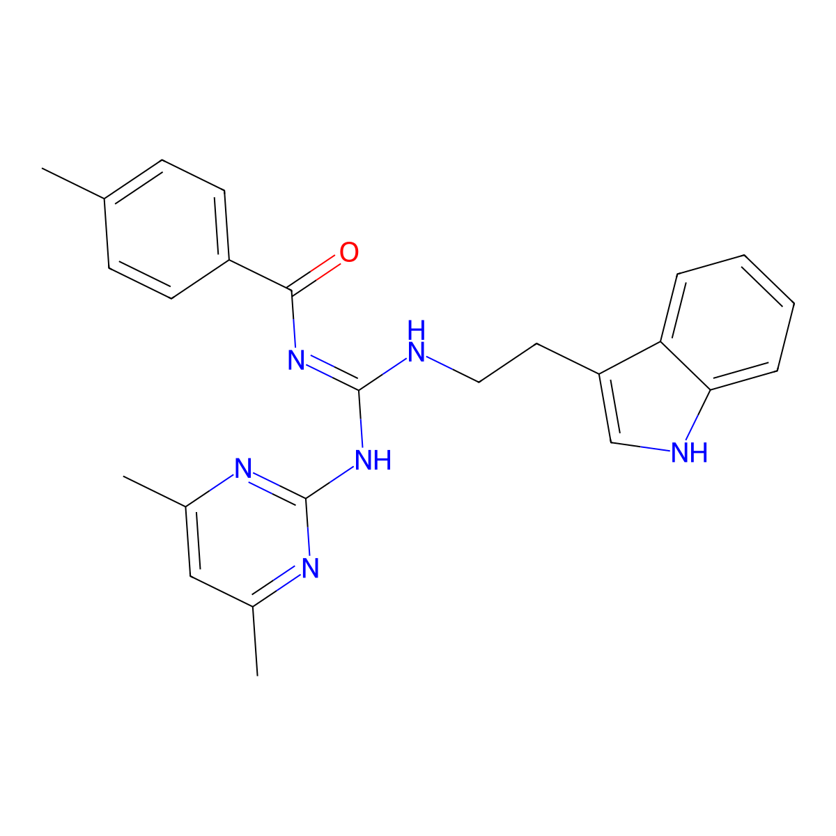 N-[(E)-[(4,6-dimethylpyrimidin-2-yl)amino]{[2-(1H-indol-3-yl)ethyl]amino}methylidene]-4-methylbenzamide molecular structure, CAS 827008-27-5