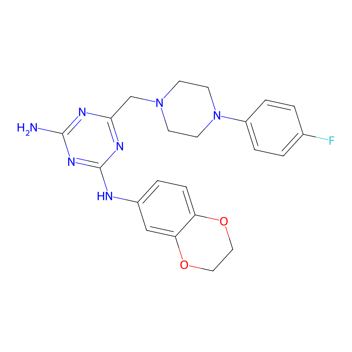 N-(4-amino-6-{[4-(4-fluorophenyl)piperazino]methyl}-1,3,5-triazin-2-yl)-N-(2,3-dihydro-1,4-benzodioxin-6-yl)amine molecular structure, CAS 827008-76-4
