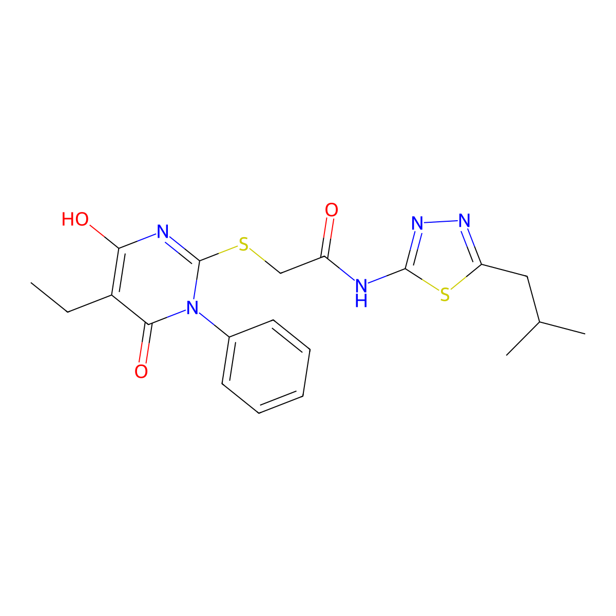 2-[(5-ethyl-4-hydroxy-6-oxo-1-phenyl-1,6-dihydropyrimidin-2-yl)sulfanyl]-N-[5-(2-methylpropyl)-1,3,4-thiadiazol-2-yl]acetamide molecular structure, CAS 827008-90-2