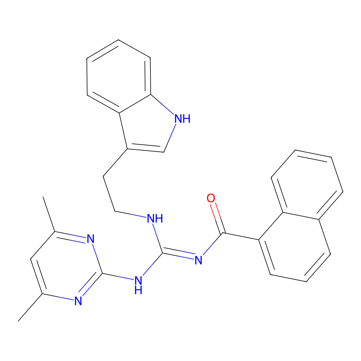 N-[(E)-[(4,6-dimethylpyrimidin-2-yl)amino]{[2-(1H-indol-3-yl)ethyl]amino}methylidene]naphthalene-1-carboxamide molecular structure, CAS 827008-91-3