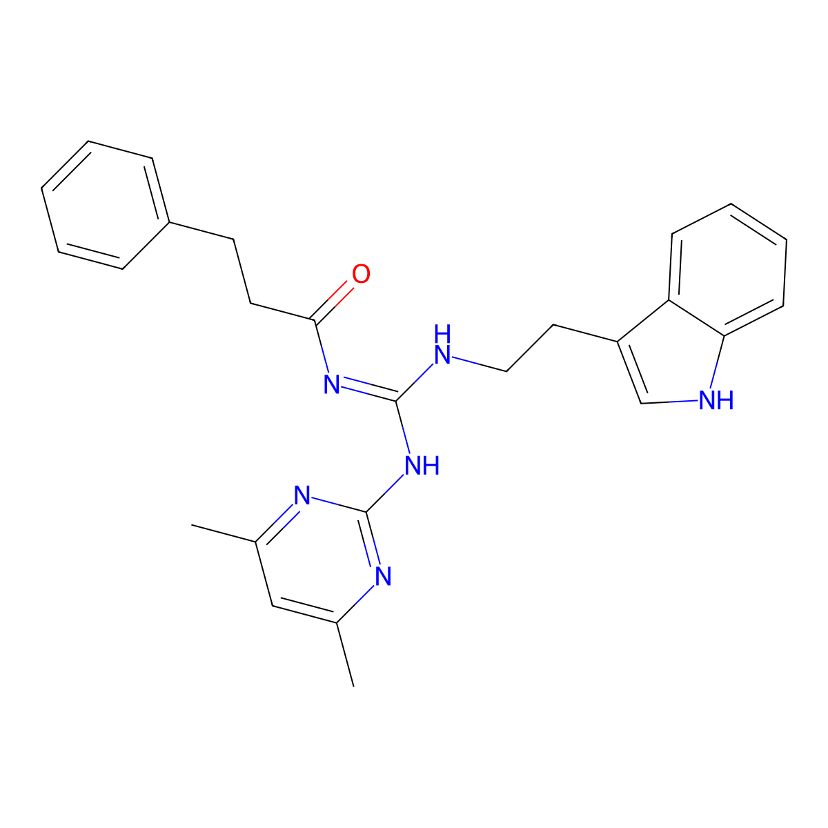 N-[(E)-[(4,6-dimethylpyrimidin-2-yl)amino]{[2-(1H-indol-3-yl)ethyl]amino}methylidene]-3-phenylpropanamide molecular structure, CAS 827009-06-3