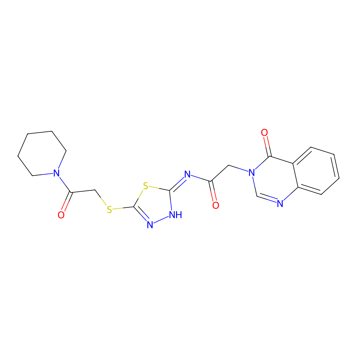 N-[5-(2-oxo-2-piperidin-1-ylethyl)sulfanyl-1,3,4-thiadiazol-2-yl]-2-(4-oxoquinazolin-3-yl)acetamide molecular structure, CAS 827009-34-7