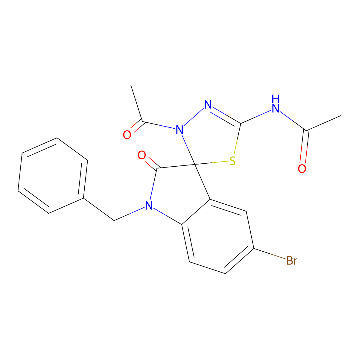 N-(4-acetyl-1'-benzyl-5'-bromo-2'-oxospiro[1,3,4-thiadiazole-5,3'-indole]-2-yl)acetamide molecular structure, CAS 827009-47-2