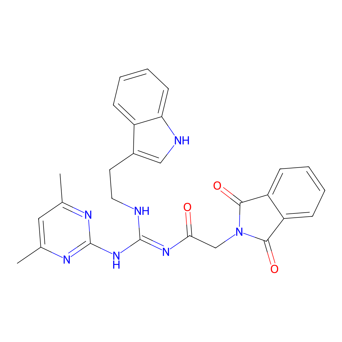 N-[(E)-[(4,6-dimethylpyrimidin-2-yl)amino]{[2-(1H-indol-3-yl)ethyl]amino}methylidene]-2-(1,3-dioxo-1,3-dihydro-2H-isoindol-2-yl)acetamide molecular structure, CAS 827009-58-5