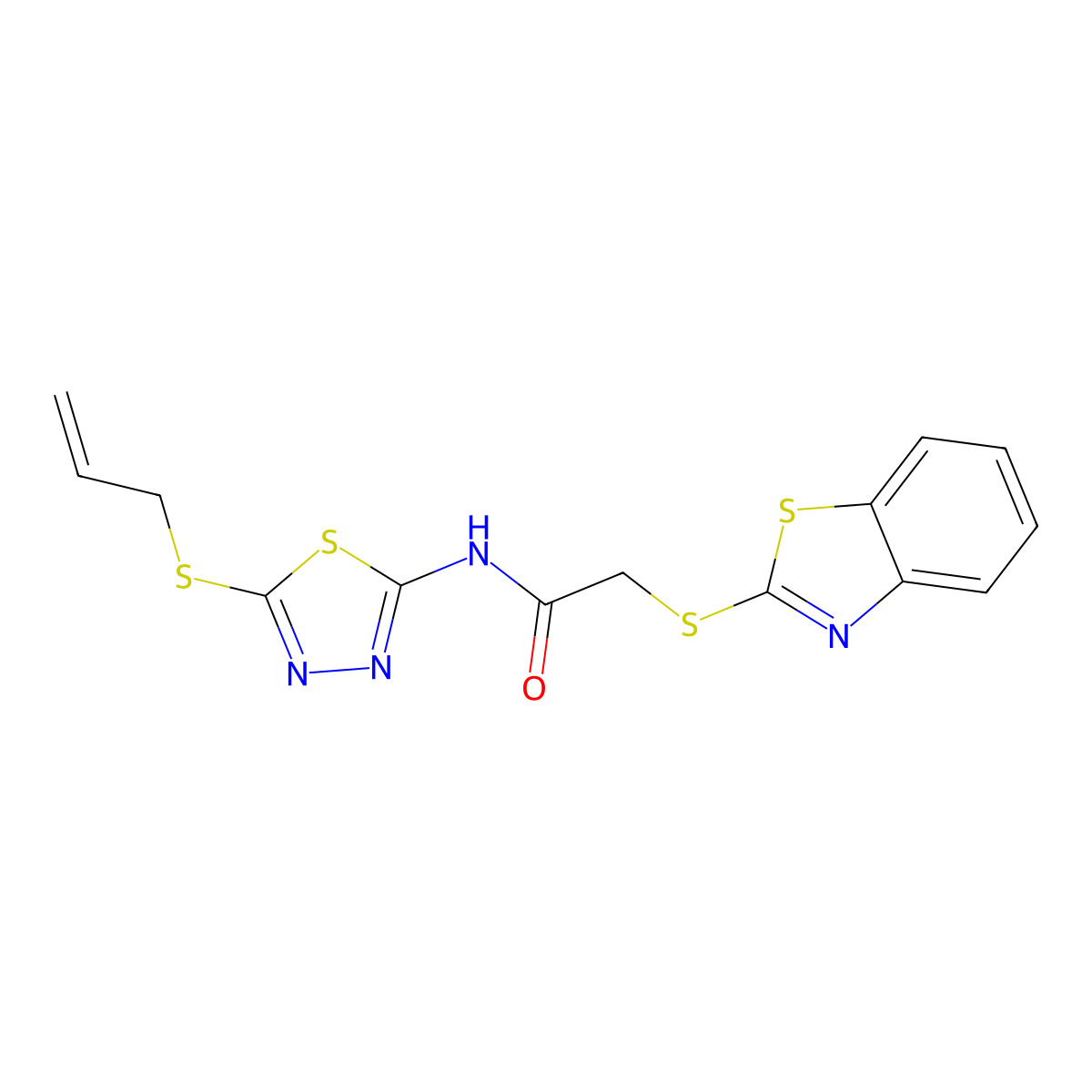 2-(1,3-benzothiazol-2-ylsulfanyl)-N-(5-prop-2-enylsulfanyl-1,3,4-thiadiazol-2-yl)acetamide molecular structure, CAS 827009-64-3