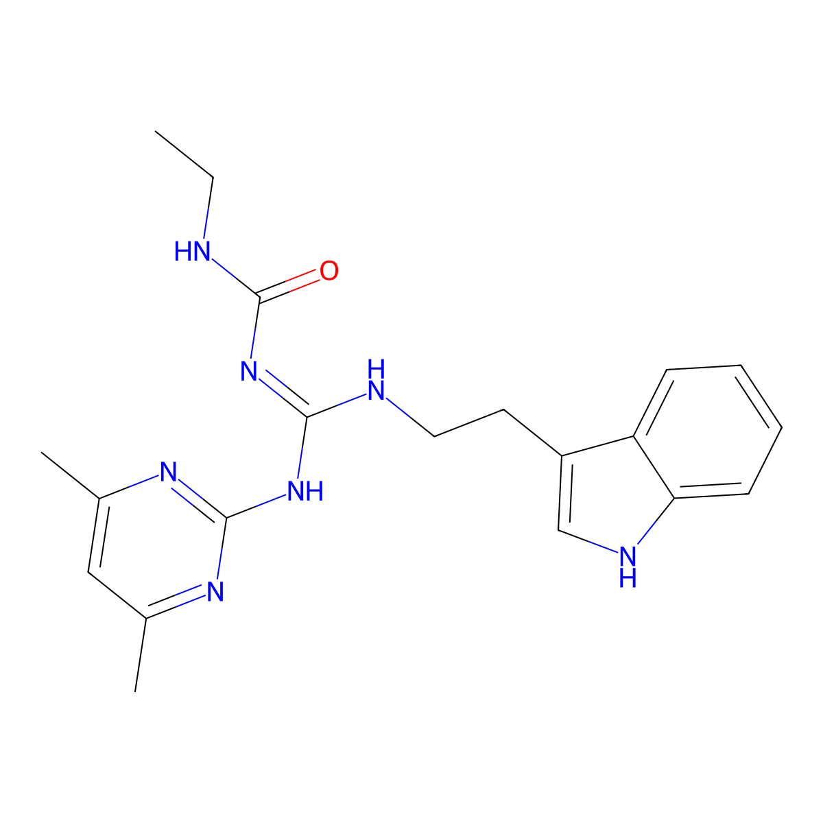 1-[(E)-[(4,6-dimethylpyrimidin-2-yl)amino]{[2-(1H-indol-3-yl)ethyl]amino}methylidene]-3-ethylurea molecular structure, CAS 827009-86-9