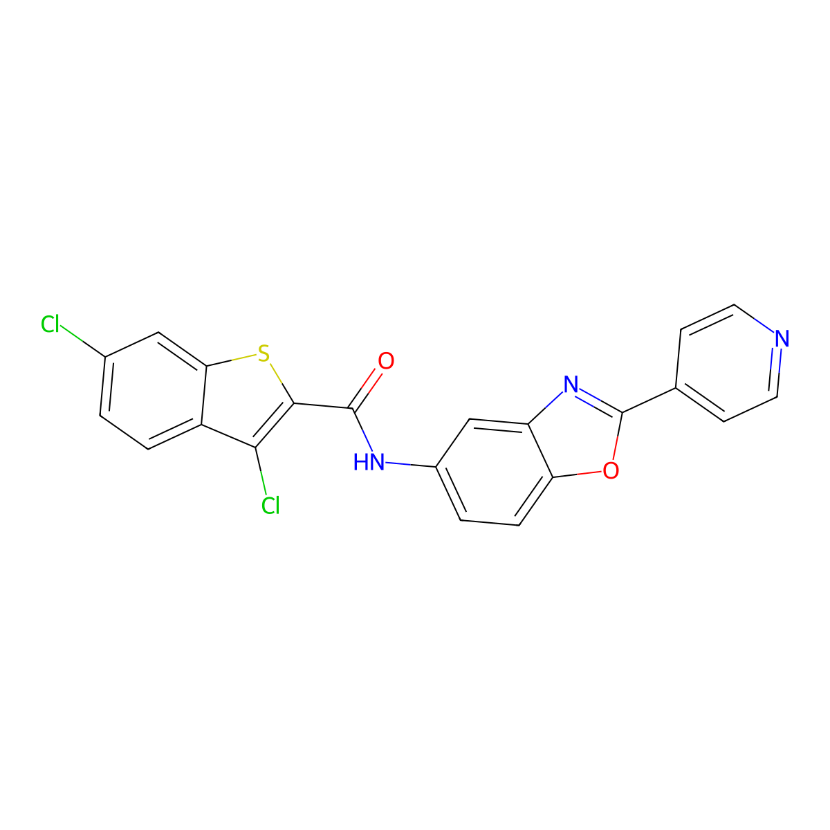 3,6-dichloro-N-(2-pyridin-4-yl-1,3-benzoxazol-5-yl)-1-benzothiophene-2-carboxamide molecular structure, CAS 827010-42-4