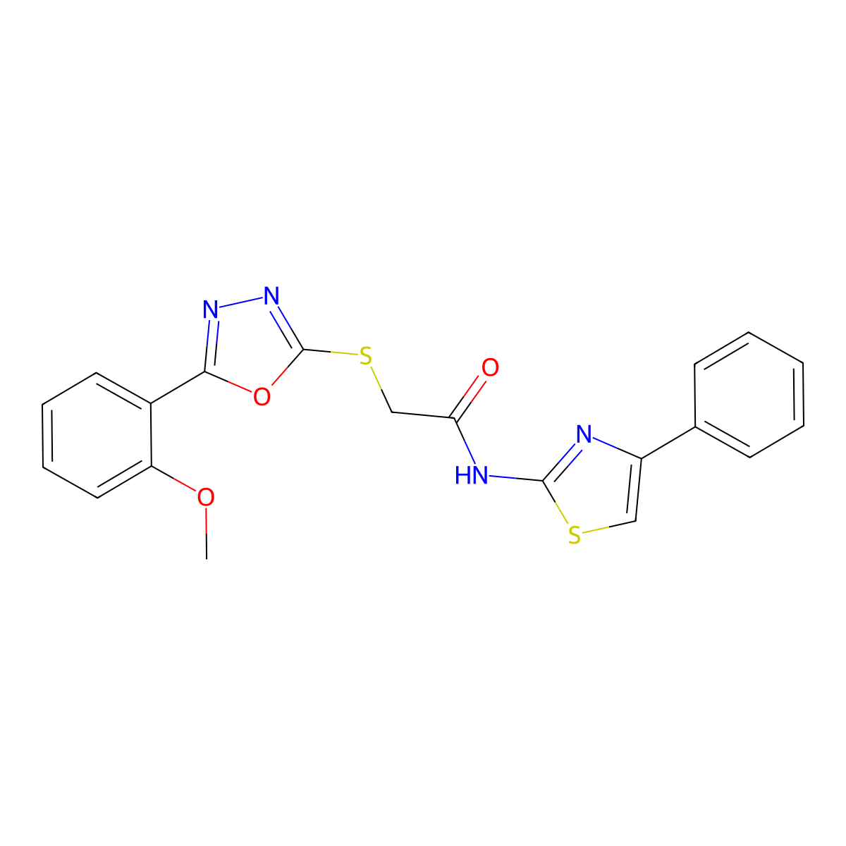 2-{[5-(2-methoxyphenyl)-1,3,4-oxadiazol-2-yl]sulfanyl}-N-(4-phenyl-1,3-thiazol-2-yl)acetamide molecular structure, CAS 827011-01-8