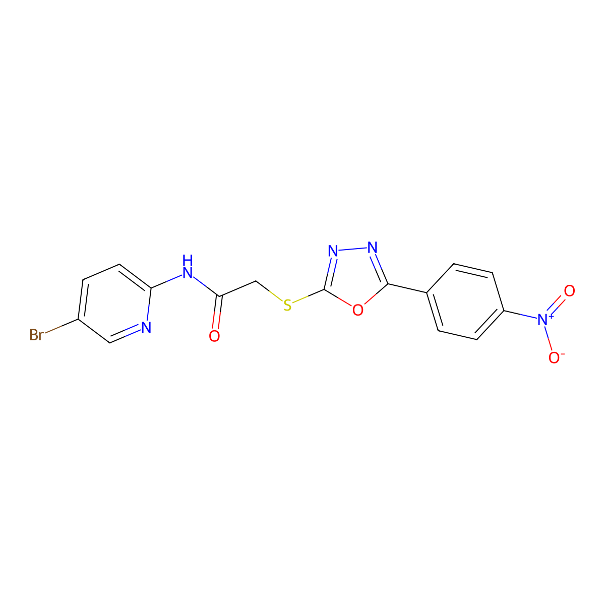 N-(5-bromopyridin-2-yl)-2-[[5-(4-nitrophenyl)-1,3,4-oxadiazol-2-yl]sulfanyl]acetamide molecular structure, CAS 827013-15-0