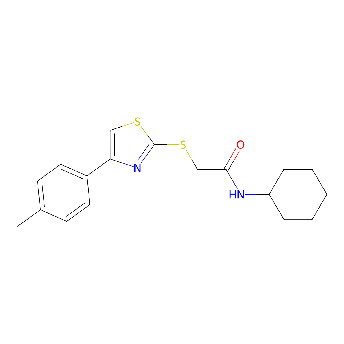 N-cyclohexyl-2-[[4-(4-methylphenyl)-1,3-thiazol-2-yl]sulfanyl]acetamide molecular structure, CAS 827013-66-1
