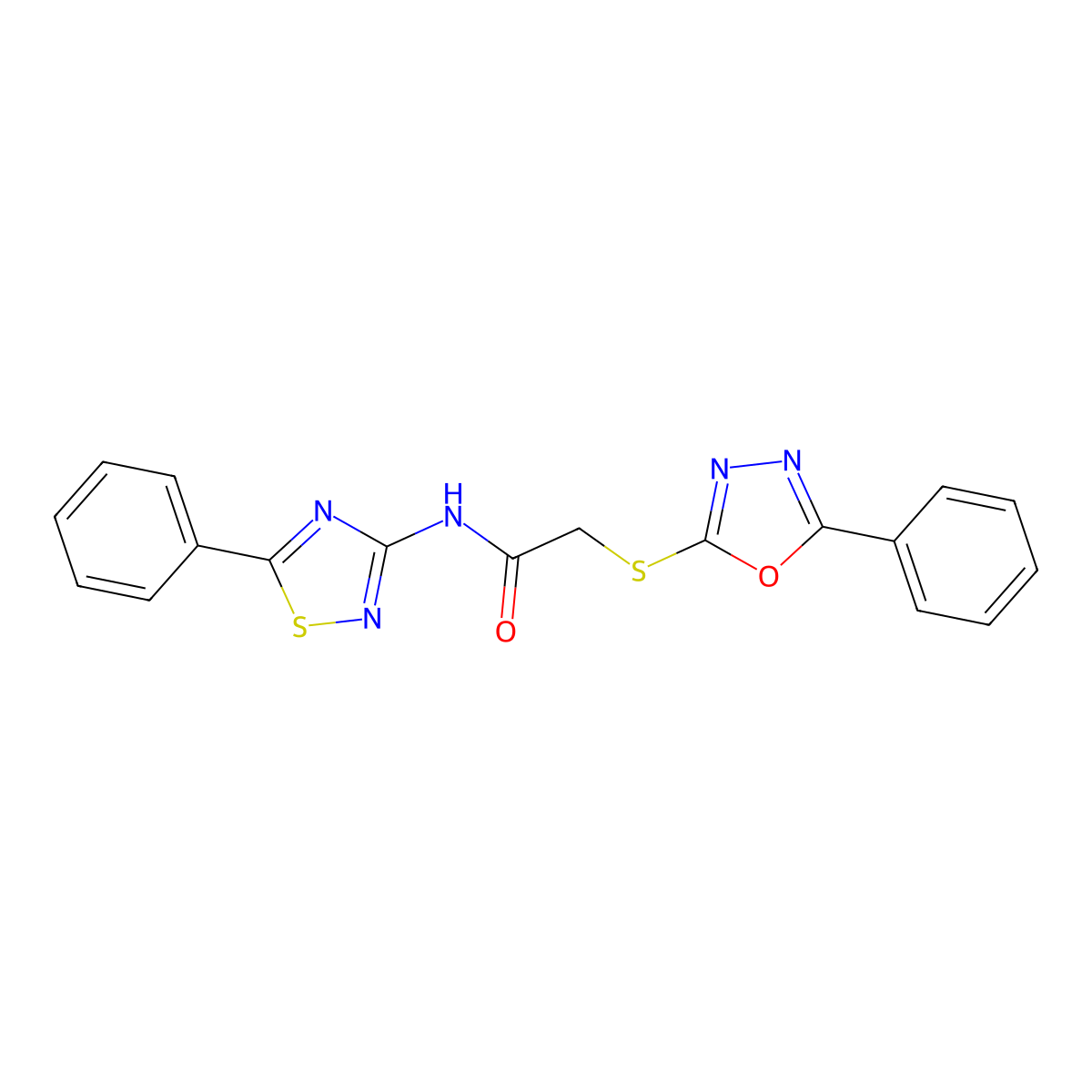 2-[(5-phenyl-1,3,4-oxadiazol-2-yl)sulfanyl]-N-(5-phenyl-1,2,4-thiadiazol-3-yl)acetamide molecular structure, CAS 827014-29-9