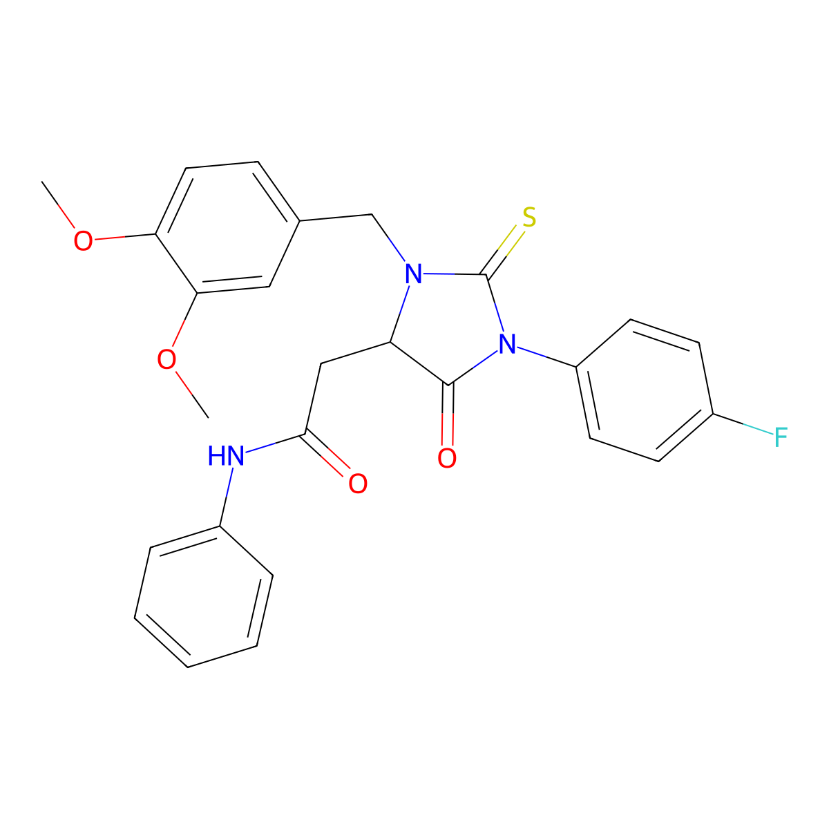 2-[3-(3,4-dimethoxybenzyl)-1-(4-fluorophenyl)-5-oxo-2-thioxoimidazolidin-4-yl]-N-phenylacetamide molecular structure, CAS 827034-87-7