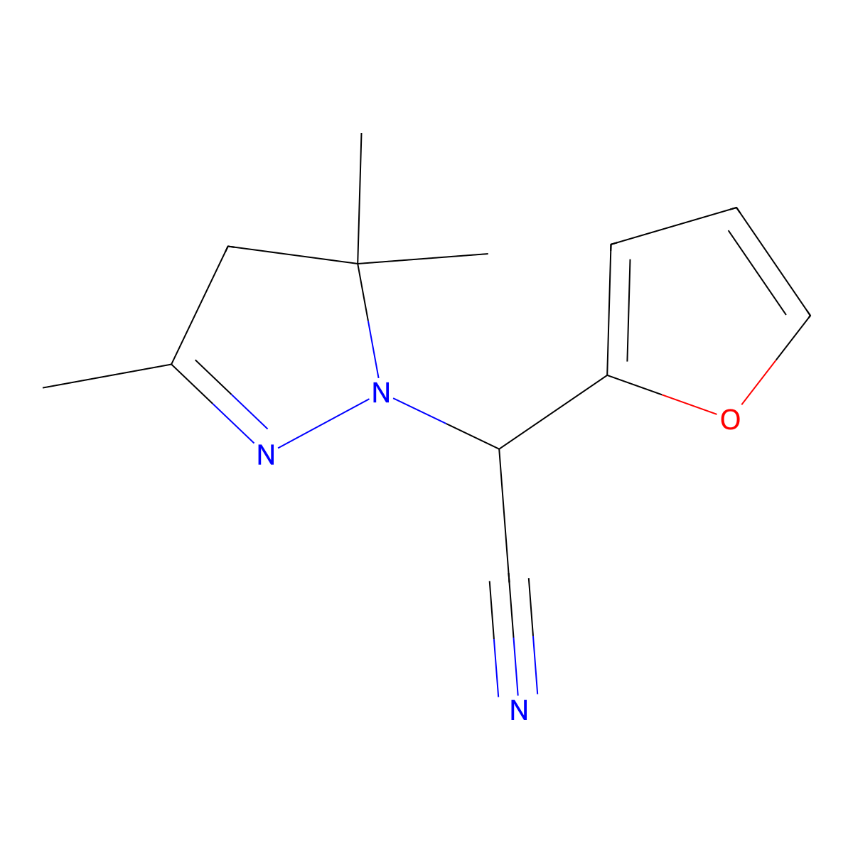 furan-2-yl(3,5,5-trimethyl-4,5-dihydro-1H-pyrazol-1-yl)acetonitrile molecular structure, CAS 827584-22-5