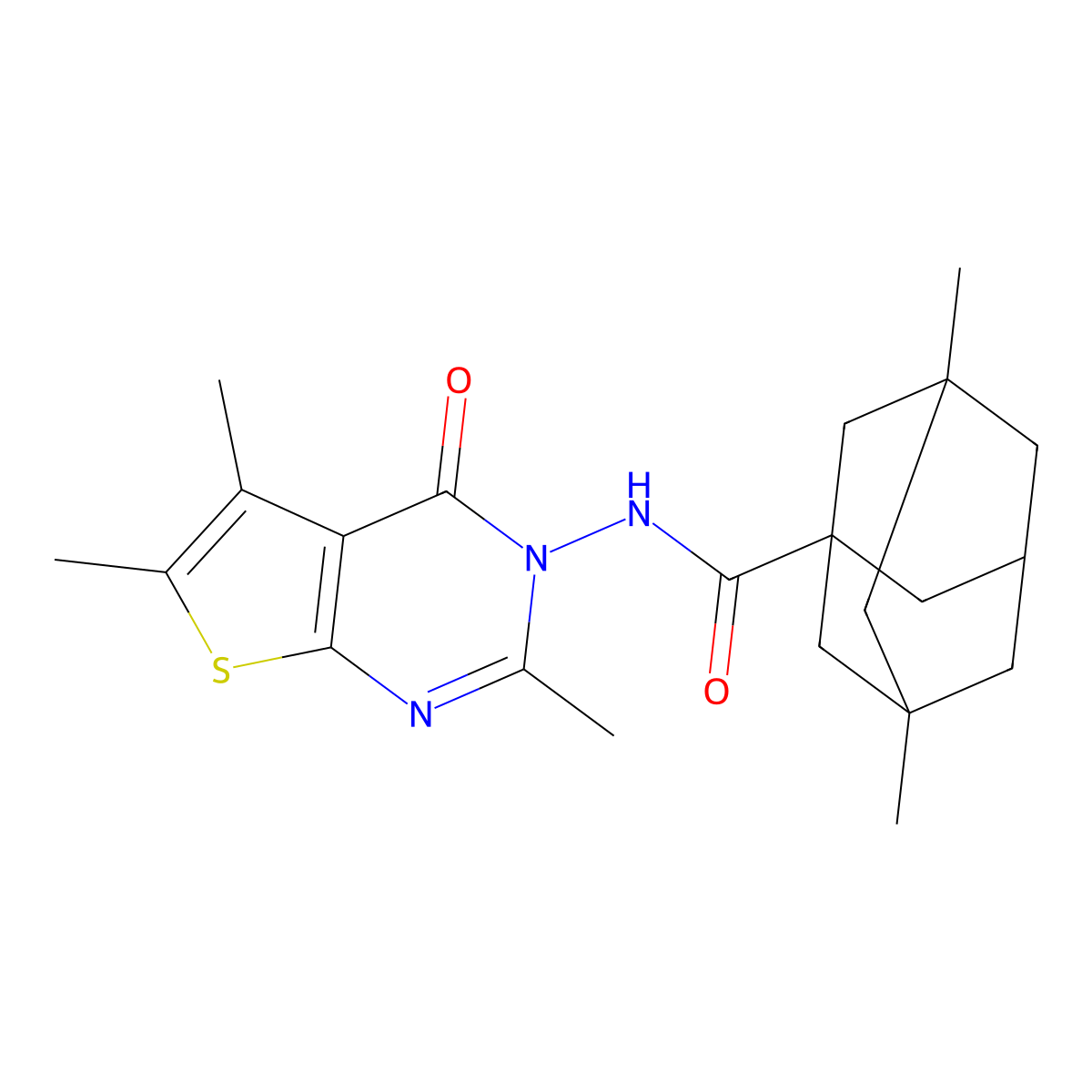 3,5-dimethyl-N-(2,5,6-trimethyl-4-oxothieno[2,3-d]pyrimidin-3-yl)adamantane-1-carboxamide molecular structure, CAS 827587-57-5