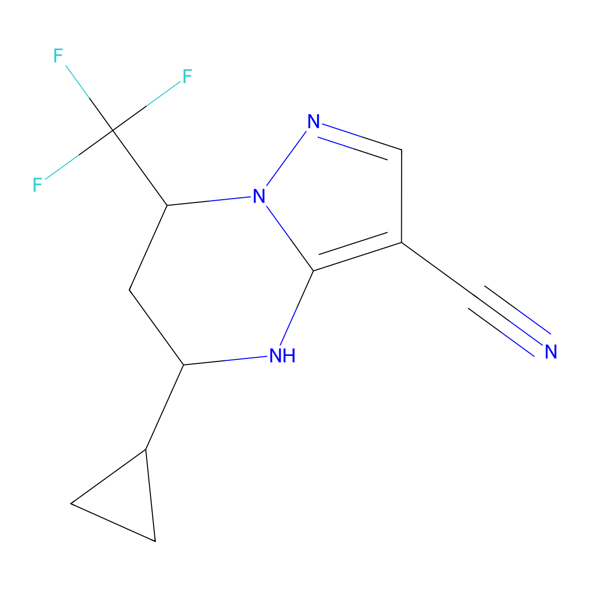 5-Cyclopropyl-7-(trifluoromethyl)-4,5,6,7-tetrahydropyrazolo[1,5-a]pyrimidine-3-carbonitrile molecular structure, CAS 827588-14-7