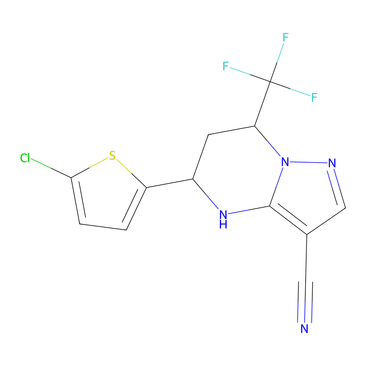 5-(5-Chlorothiophen-2-yl)-7-(trifluoromethyl)-4,5,6,7-tetrahydropyrazolo[1,5-a]pyrimidine-3-carbonitrile molecular structure, CAS 827588-23-8