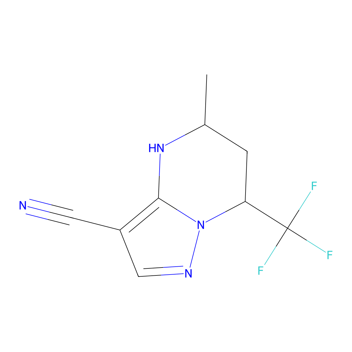 5-Methyl-7-(trifluoromethyl)-4,5,6,7-tetrahydropyrazolo[1,5-a]pyrimidine-3-carbonitrile molecular structure, CAS 827589-02-6