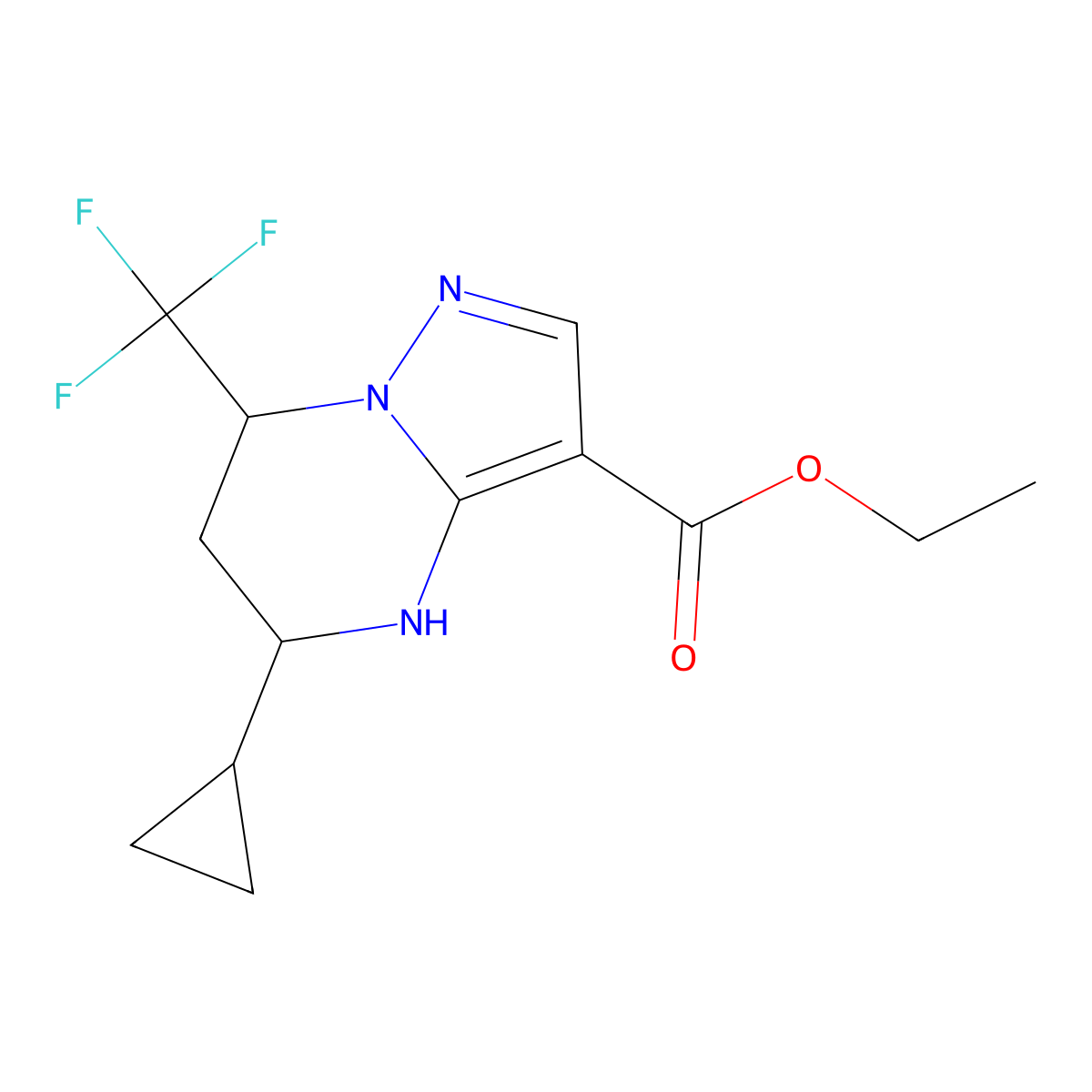 ethyl 5-cyclopropyl-7-(trifluoromethyl)-4H,5H,6H,7H-pyrazolo(1,5-a)pyrimidine-3-carboxylate molecular structure, CAS 827591-57-1