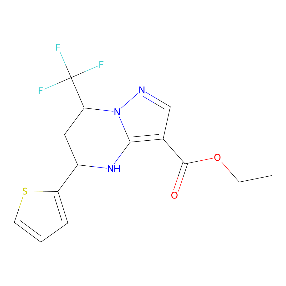 Ethyl 5-(2-thienyl)-7-(trifluoromethyl)-4,5,6,7-tetrahydropyrazolo[1,5-a]pyrimidine-3-carboxylate molecular structure, CAS 827592-52-9