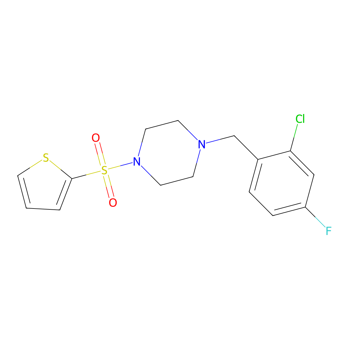 1-[(2-Chloro-4-fluorophenyl)methyl]-4-thiophen-2-ylsulfonylpiperazine molecular structure, CAS 827592-95-0