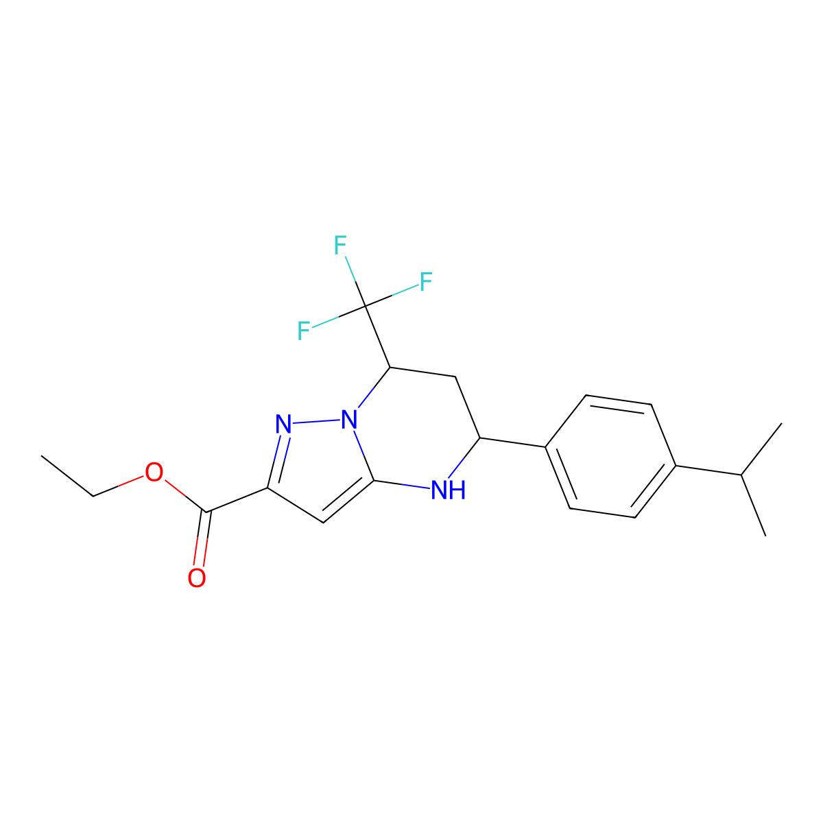 Ethyl 5-(4-isopropylphenyl)-7-(trifluoromethyl)-4,5,6,7-tetrahydropyrazolo[1,5-A]pyrimidine-2-carboxylate molecular structure, CAS 827594-59-2
