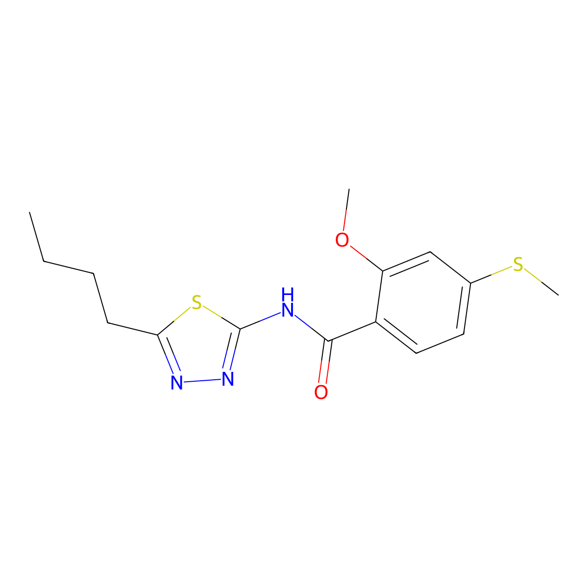 N-(5-butyl-1,3,4-thiadiazol-2-yl)-2-methoxy-4-methylsulfanylbenzamide molecular structure, CAS 827618-14-4