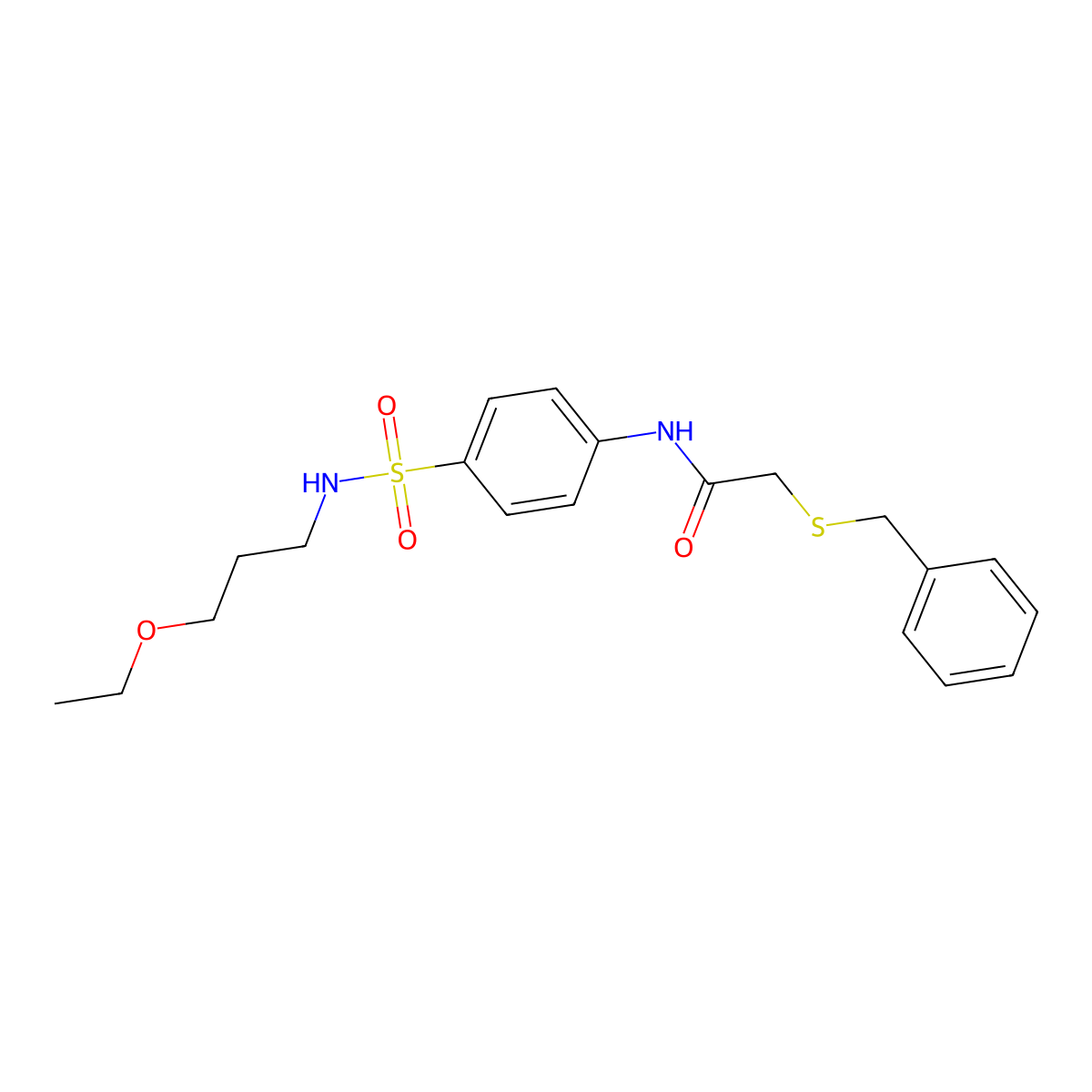2-benzylsulfanyl-N-[4-(3-ethoxypropylsulfamoyl)phenyl]acetamide molecular structure, CAS 827618-43-9