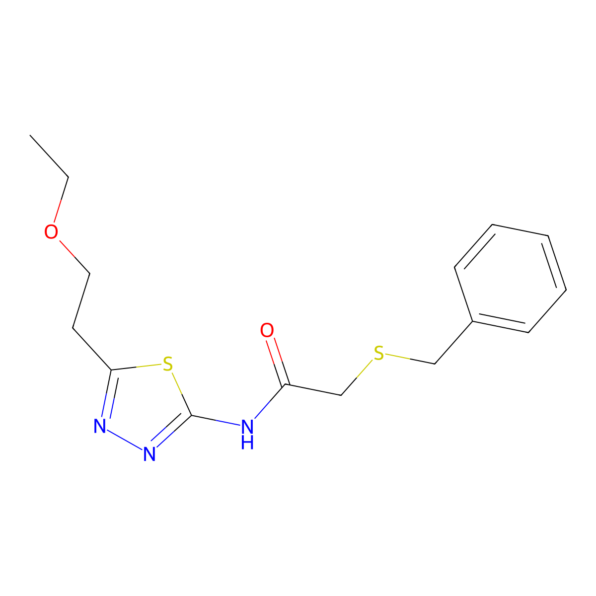 2-benzylsulfanyl-N-[5-(2-ethoxyethyl)-1,3,4-thiadiazol-2-yl]acetamide molecular structure, CAS 827618-44-0