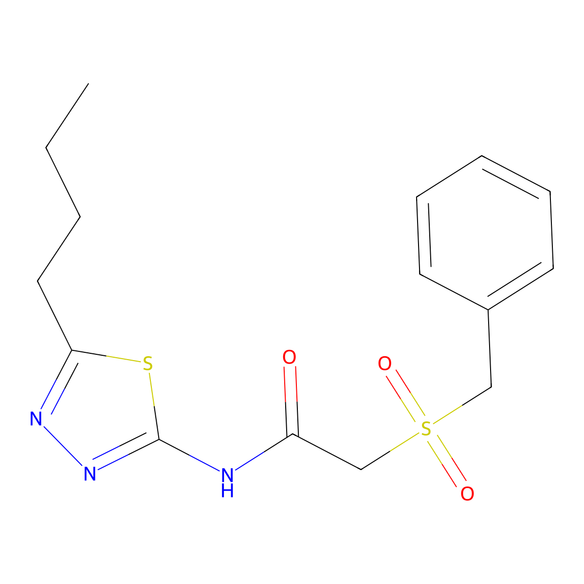 2-benzylsulfonyl-N-(5-butyl-1,3,4-thiadiazol-2-yl)acetamide molecular structure, CAS 827618-59-7