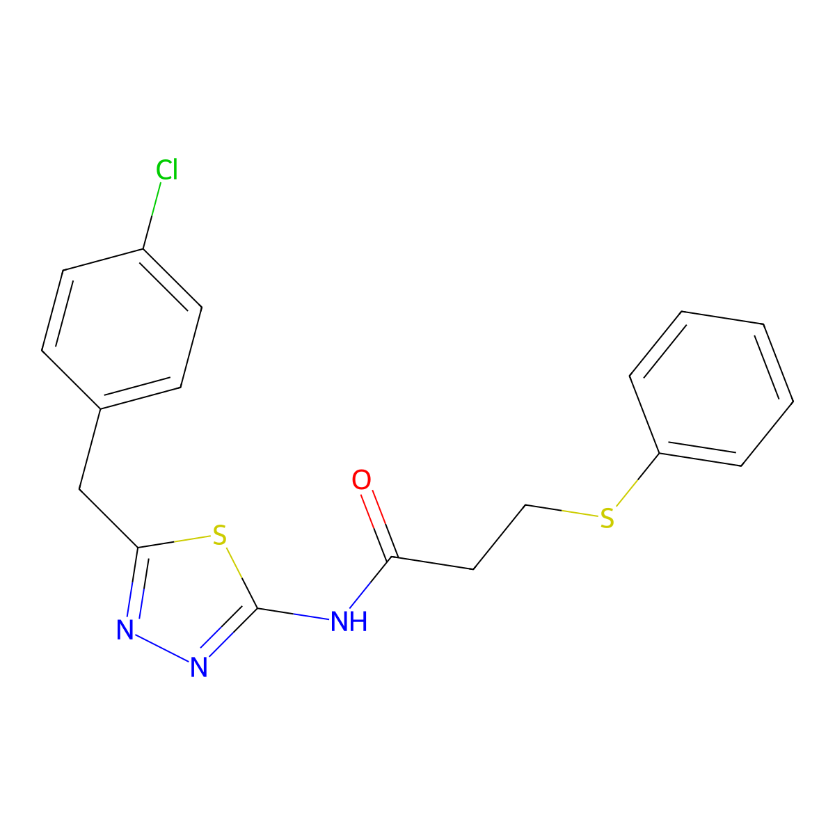 N-[5-[(4-chlorophenyl)methyl]-1,3,4-thiadiazol-2-yl]-3-phenylsulfanylpropanamide molecular structure, CAS 827619-47-6