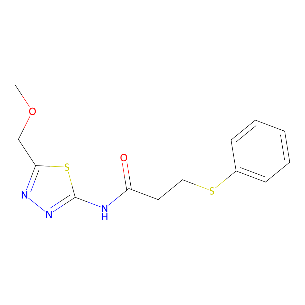 N-[5-(methoxymethyl)-1,3,4-thiadiazol-2-yl]-3-phenylsulfanylpropanamide molecular structure, CAS 827619-48-7