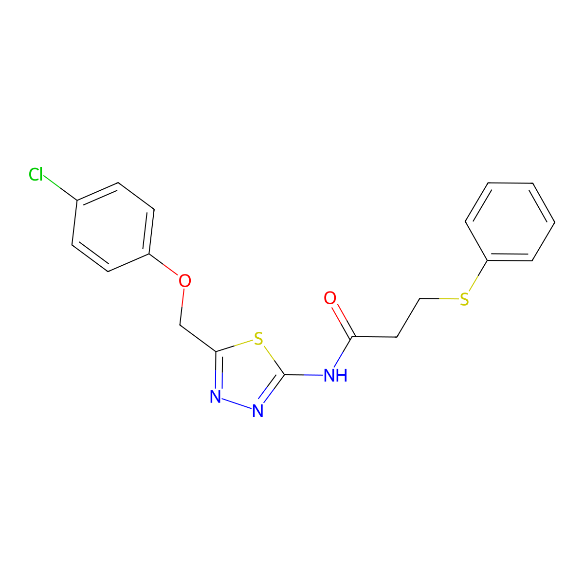 N-[5-[(4-chlorophenoxy)methyl]-1,3,4-thiadiazol-2-yl]-3-phenylsulfanylpropanamide molecular structure, CAS 827619-52-3