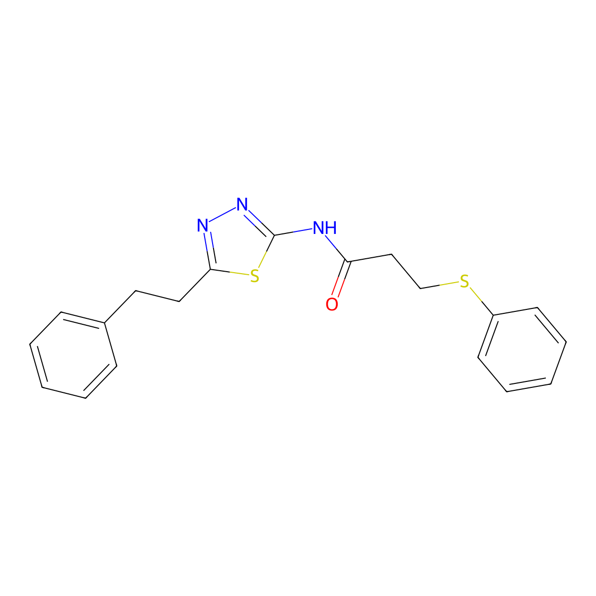 N-[5-(2-phenylethyl)-1,3,4-thiadiazol-2-yl]-3-(phenylsulfanyl)propanamide molecular structure, CAS 827619-53-4