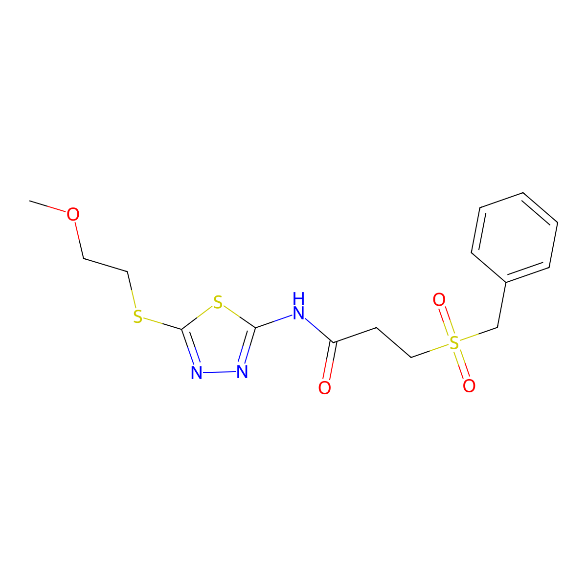 3-benzylsulfonyl-N-[5-(2-methoxyethylsulfanyl)-1,3,4-thiadiazol-2-yl]propanamide molecular structure, CAS 827620-64-4