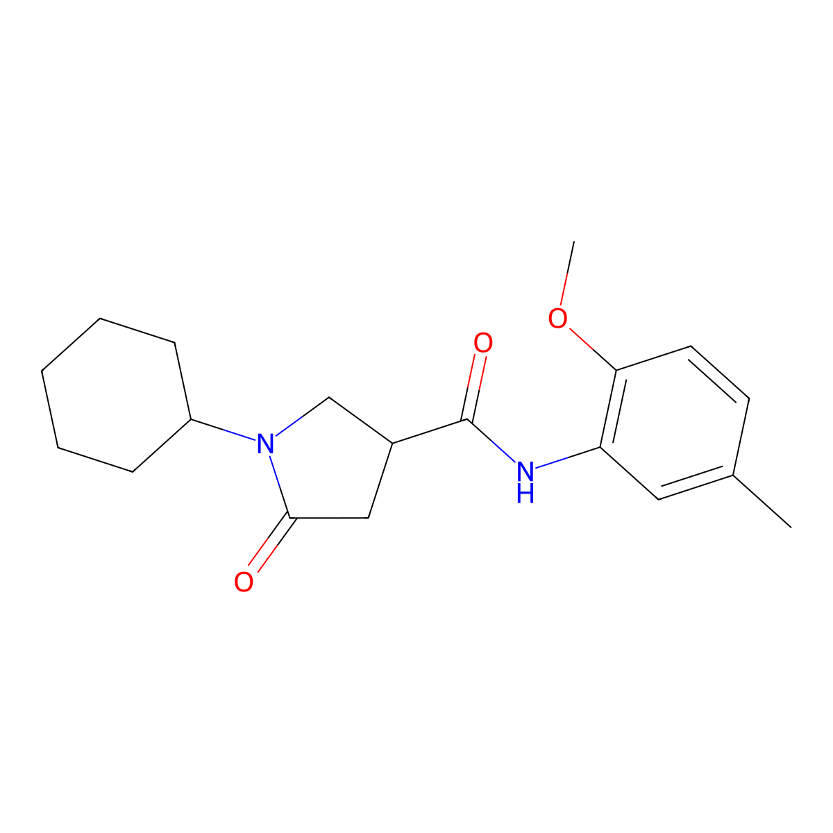 1-cyclohexyl-N-(2-methoxy-5-methylphenyl)-5-oxopyrrolidine-3-carboxamide molecular structure, CAS 827621-46-5
