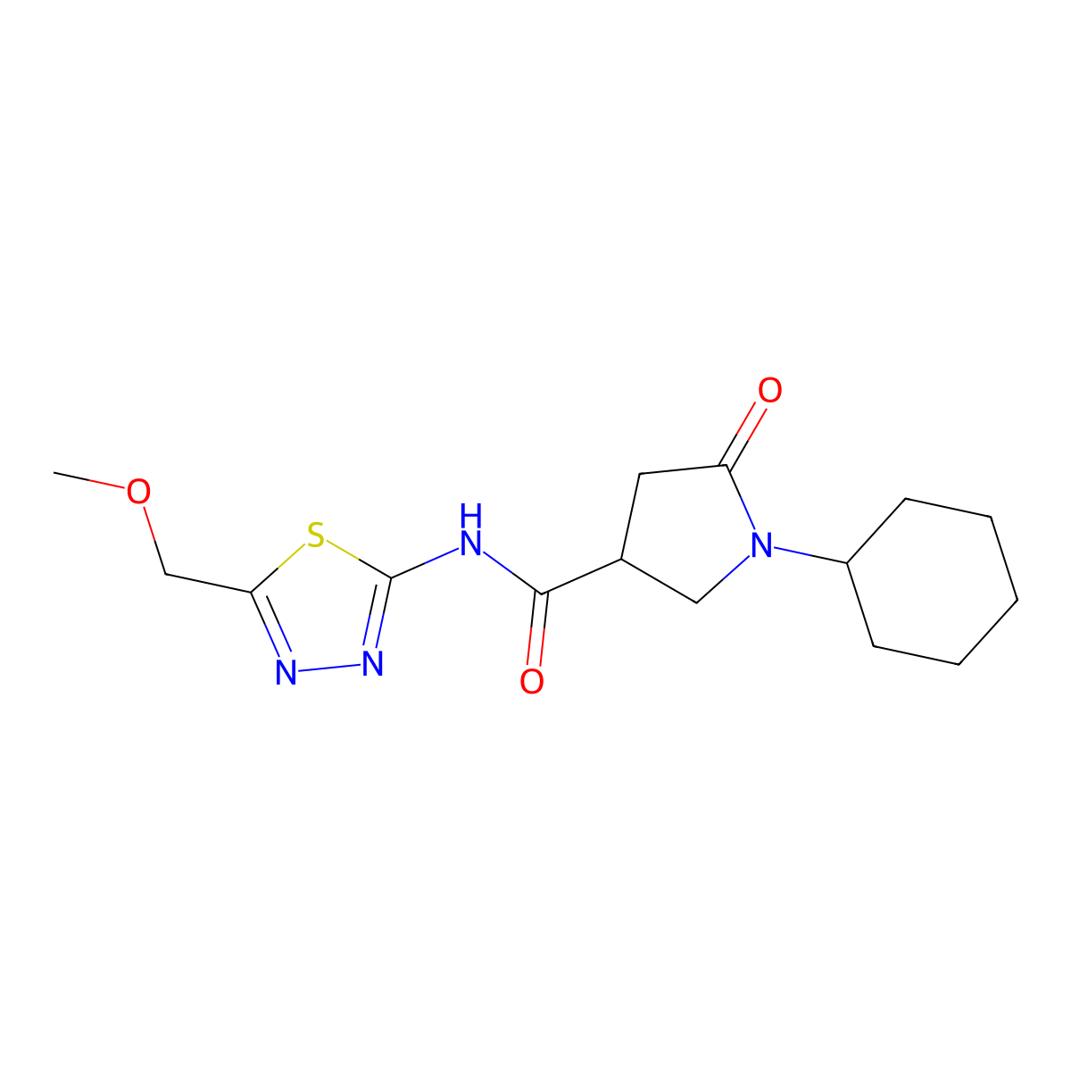 1-cyclohexyl-N-[5-(methoxymethyl)-1,3,4-thiadiazol-2-yl]-5-oxopyrrolidine-3-carboxamide molecular structure, CAS 827621-49-8
