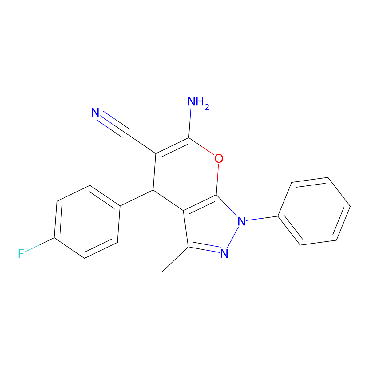 6-Amino-4-(4-fluorophenyl)-3-methyl-1-phenyl-1,4-dihydropyrano[2,3-c]pyrazole-5-carbonitrile molecular structure, CAS 82805-68-3