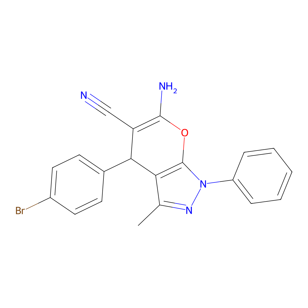 6-Amino-4-(4-bromophenyl)-3-methyl-1-phenyl-1,4-dihydropyrano[2,3-c]pyrazole-5-carbonitrile molecular structure, CAS 82805-69-4