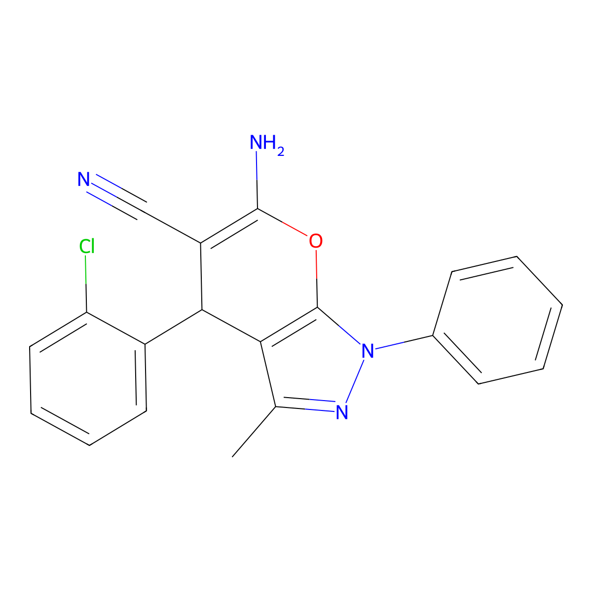 6-Amino-4-(2-chlorophenyl)-3-methyl-1-phenyl-1,4-dihydropyrano[2,3-c]pyrazole-5-carbonitrile molecular structure, CAS 82805-70-7