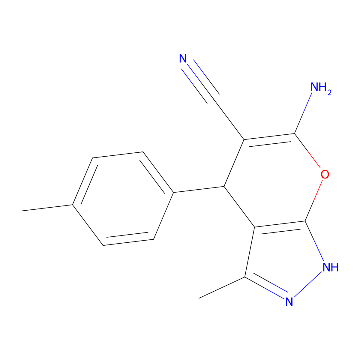 6-Amino-3-methyl-4-(4-methylphenyl)-1,4-dihydropyrano[2,3-c]pyrazole-5-carbonitrile molecular structure, CAS 82805-71-8