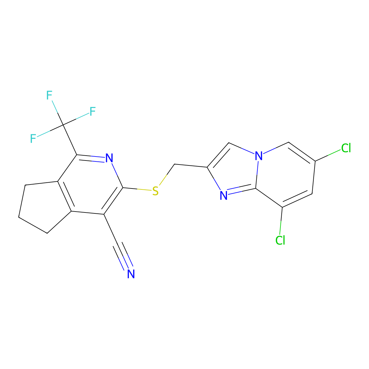 3-[(6,8-dichloroimidazo[1,2-a]pyridin-2-yl)methylsulfanyl]-1-(trifluoromethyl)-6,7-dihydro-5H-cyclopenta[c]pyridine-4-carbonitrile molecular structure, CAS 828272-59-9