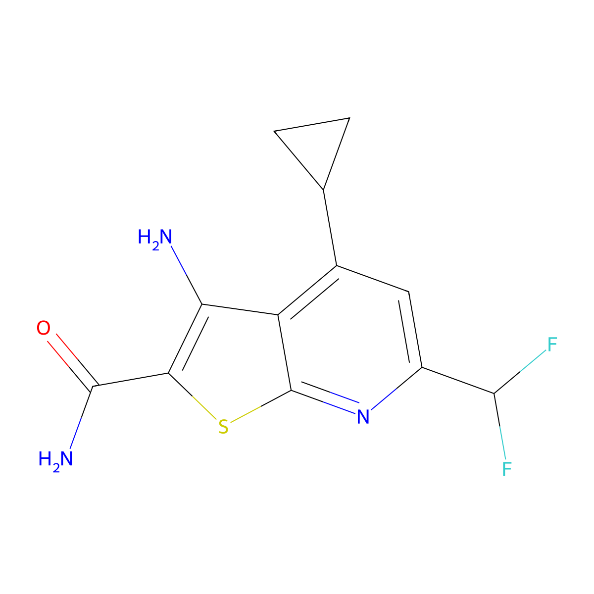 3-Amino-4-cyclopropyl-6-(difluoromethyl)thieno[2,3-b]pyridine-2-carboxamide molecular structure, CAS 828275-26-9