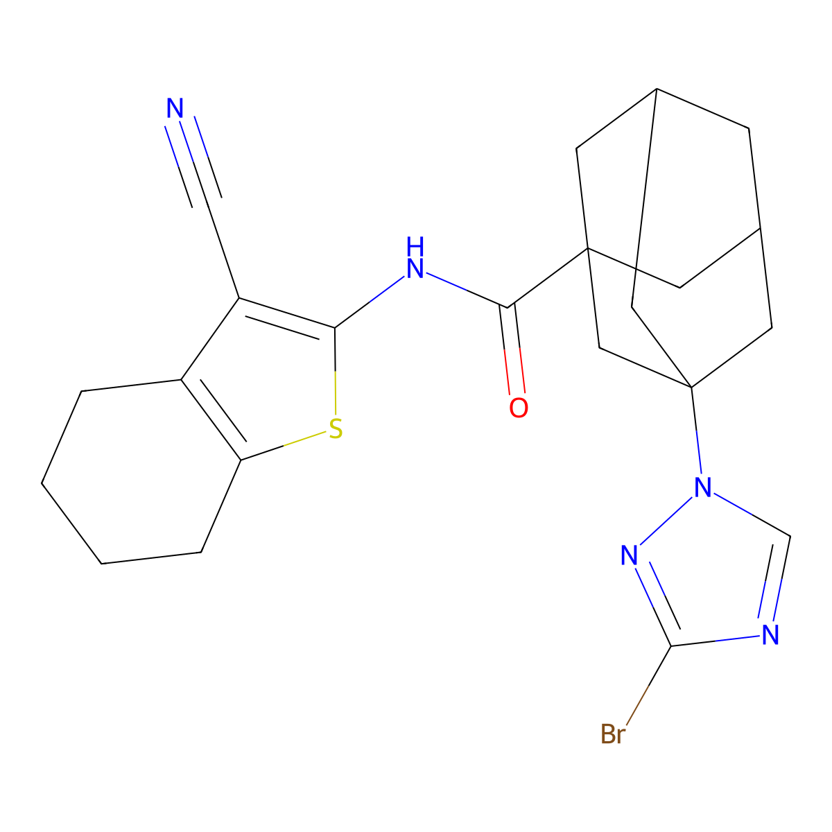 3-(3-bromo-1,2,4-triazol-1-yl)-N-(3-cyano-4,5,6,7-tetrahydro-1-benzothiophen-2-yl)adamantane-1-carboxamide molecular structure, CAS 828276-06-8