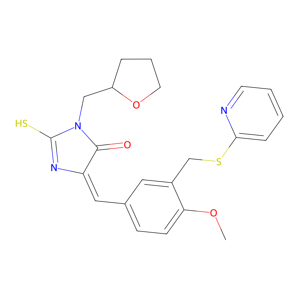 5-[[4-Methoxy-3-[(2-pyridinylthio)methyl]phenyl]methylene]-3-[(tetrahydro-2-furanyl)methyl]-2-thioxo-4-imidazolidinone molecular structure, CAS 828278-42-8