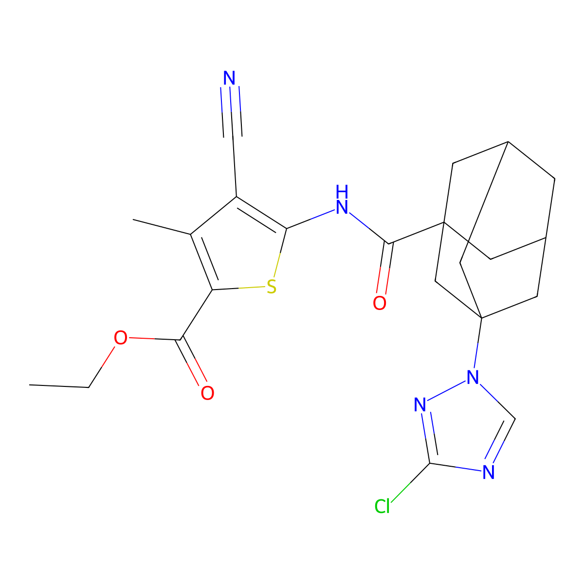 Ethyl 5-{[3-(3-chloro(1,2,4-triazolyl))adamantanyl]carbonylamino}-4-cyano-3-me thylthiophene-2-carboxylate molecular structure, CAS 828279-57-8