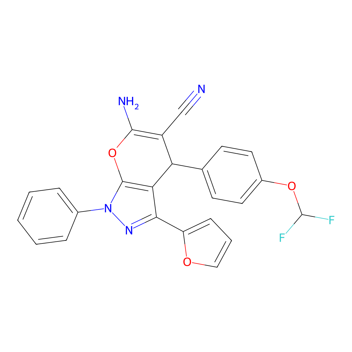 6-amino-4-[4-(difluoromethoxy)phenyl]-3-(furan-2-yl)-1-phenyl-4H-pyrano[2,3-c]pyrazole-5-carbonitrile molecular structure, CAS 828280-25-7