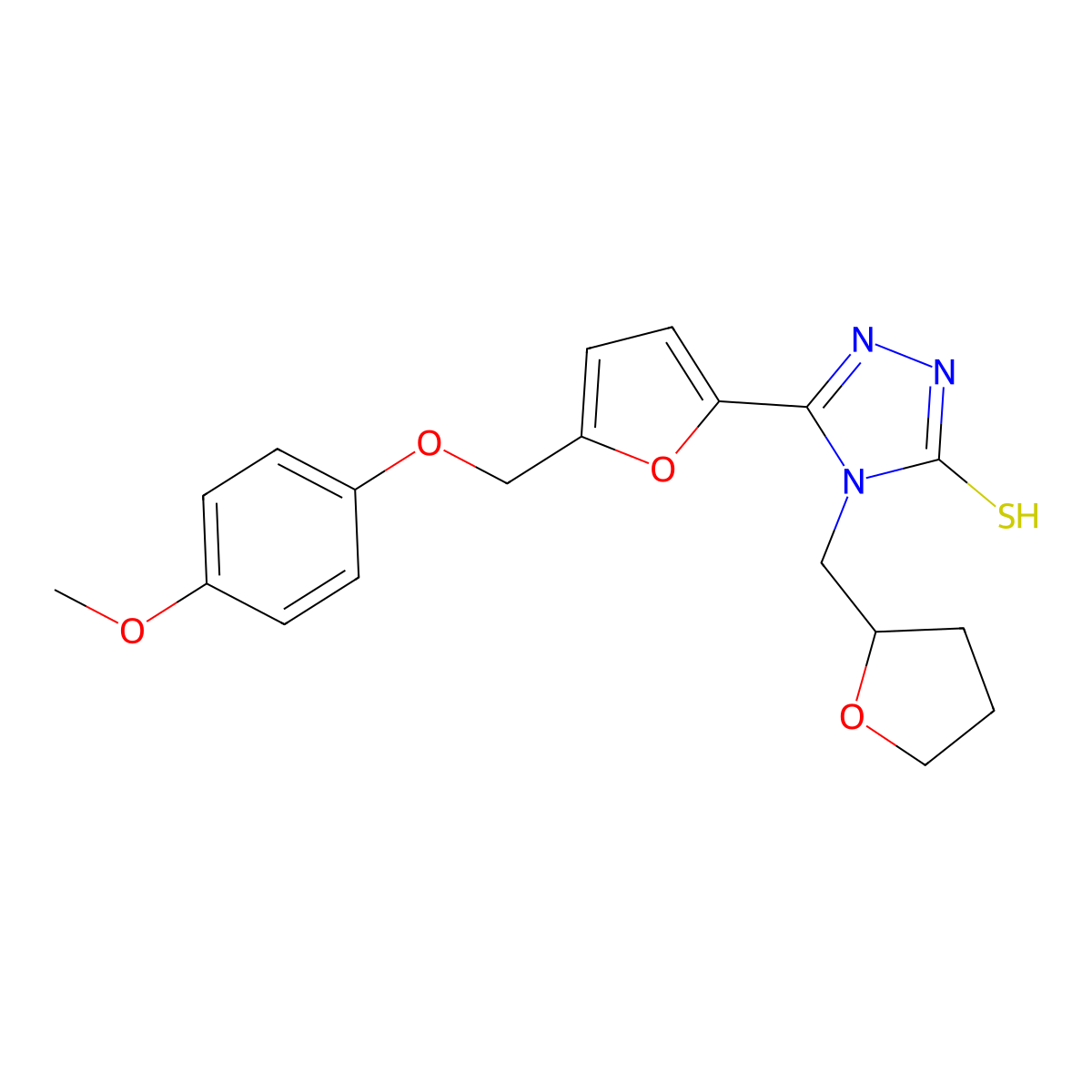 3-[5-[(4-methoxyphenoxy)methyl]furan-2-yl]-4-(oxolan-2-ylmethyl)-1H-1,2,4-triazole-5-thione molecular structure, CAS 828280-28-0